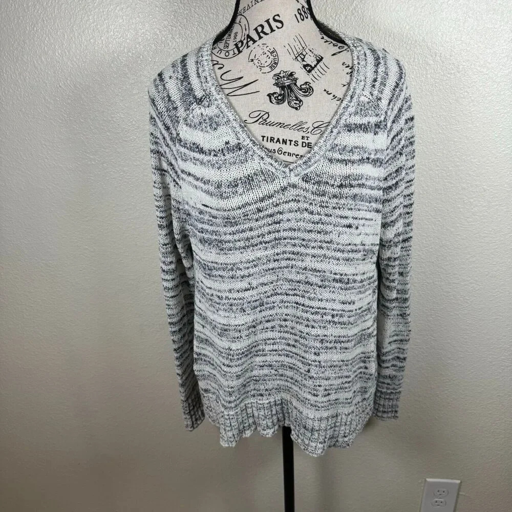 Eileen Fisher Blurred Marled Cotton Stripe V Neck Casual Sweater Size XL